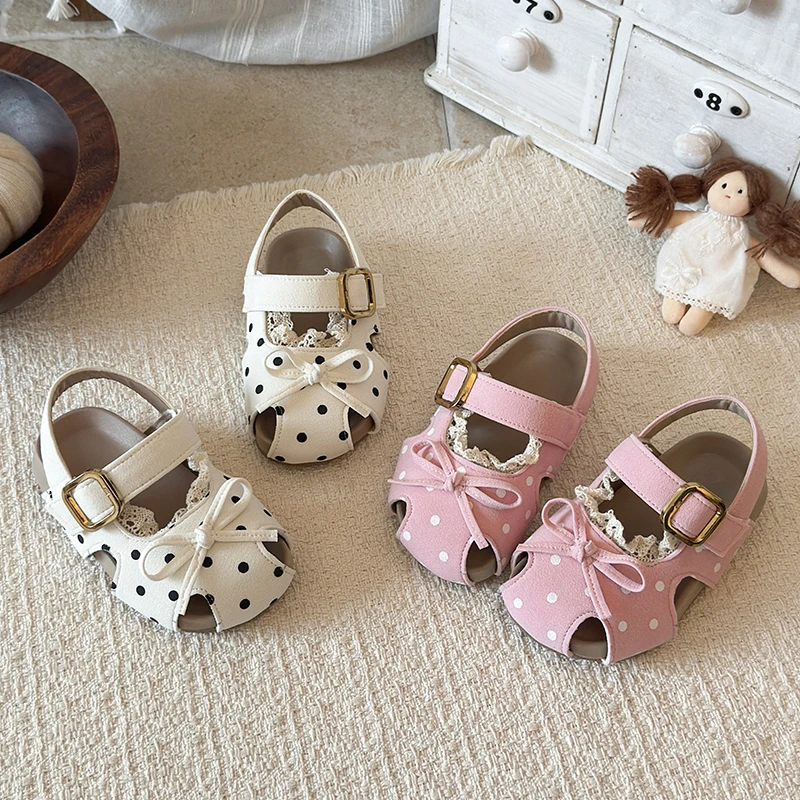 

Spring Girl's Sandals Polka Dot Bowknot Lace Sweet Kid's Flat Shoe Beige Pink Anti-slip Daily Cute Versatile Children Shoes
