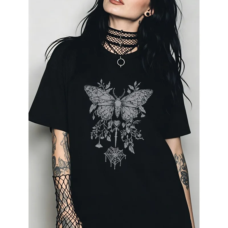 Butterfly Sword Y2K Gothic Pattern T-shirt with American Street Style Aesthetics Y2K Cotton Unisex T-shirt