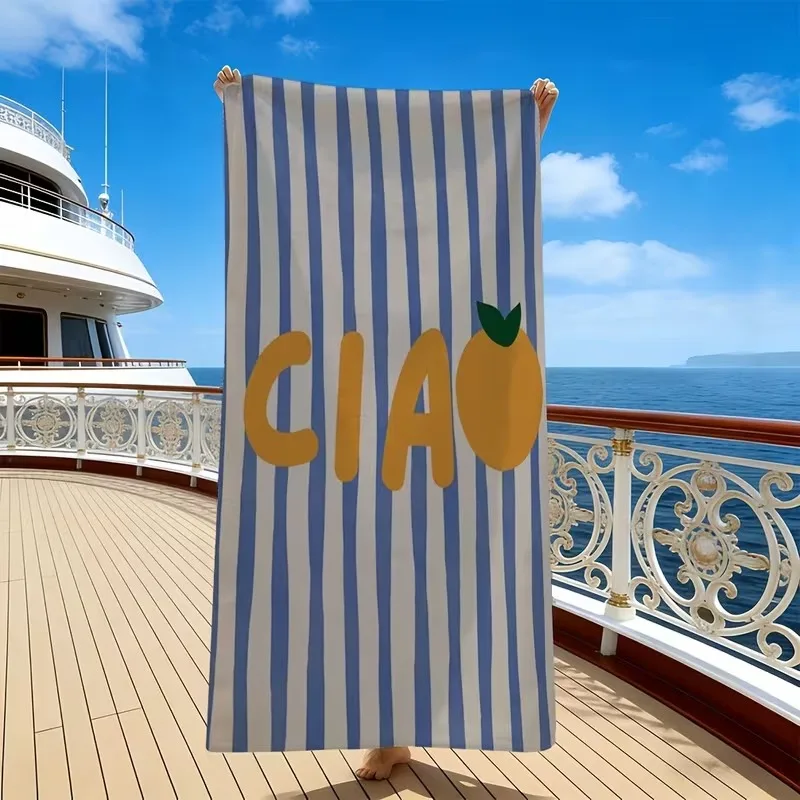 Toalla de Playa Italiana con Estampado de Limones Ciao, Microfibra, Rayas Azules y Blancas, para Vacaciones en la Costa, Estética de la Costa de Amalfi