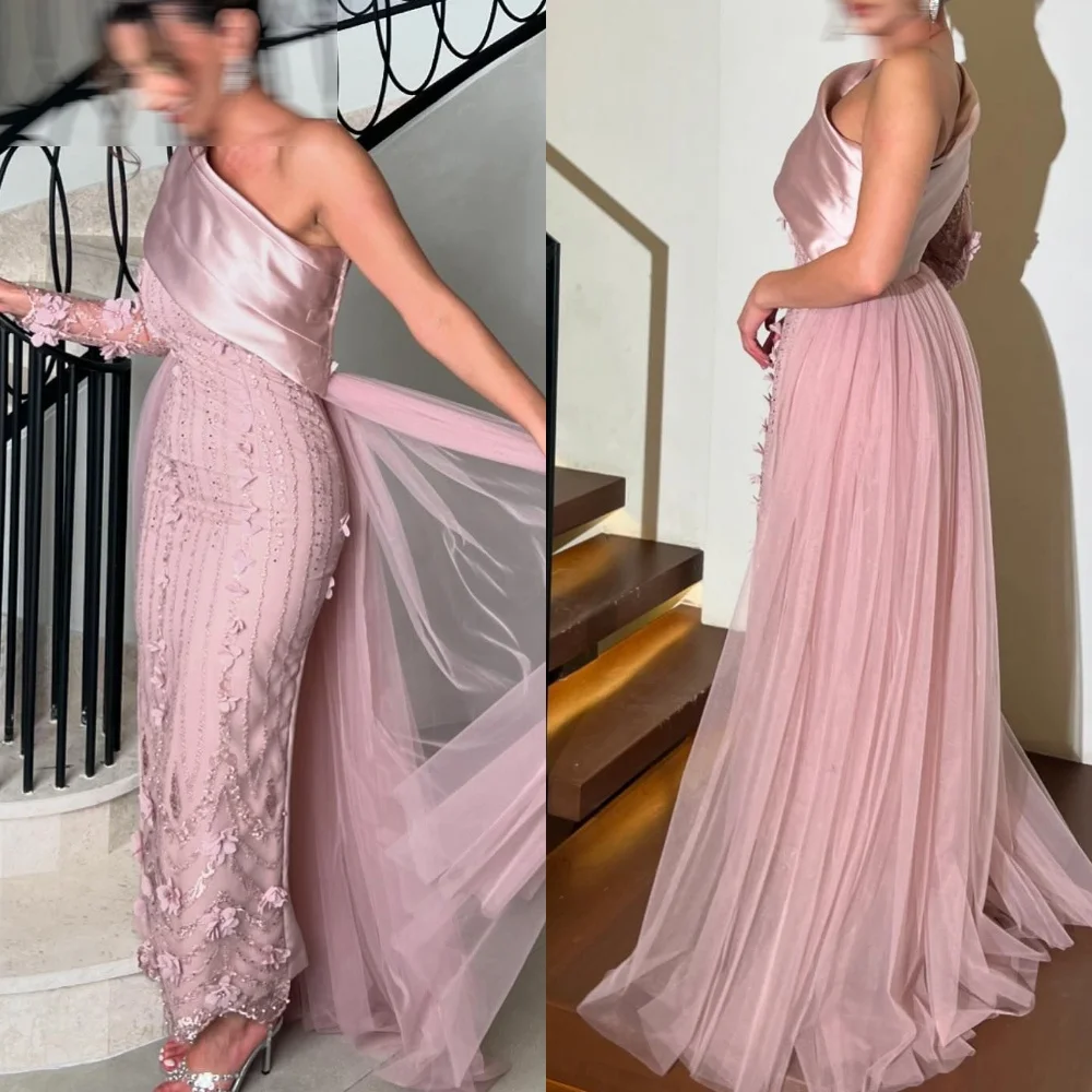 

Customized Delicate pink Jersey Evening Dress Exquisite Boat Neck One Shoulder Long Sleeves Cocktail Dress Classic Prom Dress