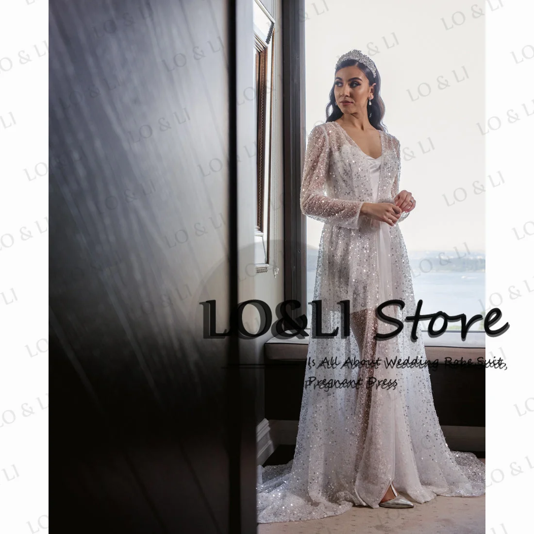 LO&LI Sequins Bridal Robe Wedding Luxury 2023 Floor Length Wedding Gown For Women Bride Customized Birthday Photo Shoot Outfit