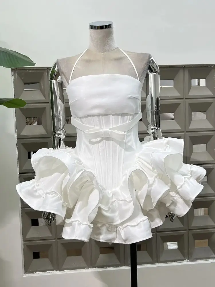 

Women Pink White Lace-up Dress with Shorts Sexy Sleeveless Bow Ruffles Two Pieces Outfit Evening Party A-line Cocktail Dresses