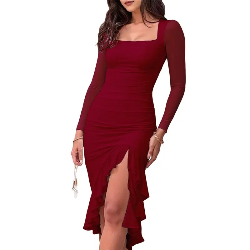 

Женское облегающее платье миди CYL с драпировкой, элегантное, с сетчатыми вставками, длинными рукавами, квадратным вырезом и оборками по низу, для коктейльных вечеринок