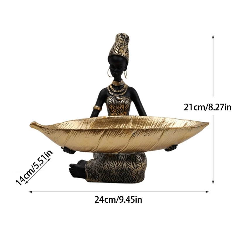 African Girl Exotic Figurine Resins Sculpture Storage Tray Traditional African Lady Statue Shelf for Living Room Dropshipping