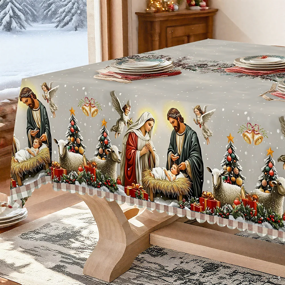 A sacred style Christmas tablecloth depicting the birth of Jesus, a Christmas table decoration
