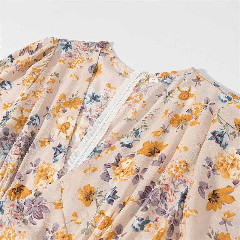 فستان نسائي جديد غير رسمي صغير منقوش عليه زهور بخصر متوسط وطويل #3