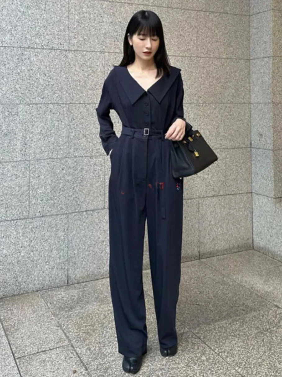 

Slimming Straight Leg Jumpsuit with Belt Long Sve Naval Collar Cane by Matsuda Haruna High Waist Commute Sle Spring 2023