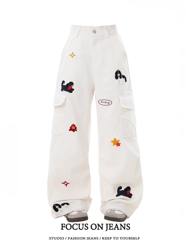 

Women's White Cartoon Dog Embroidered Jeans Korean Harajuku Y2k Sweet Hot Girl High-Waisted Loose Straight Floor-Length Pants