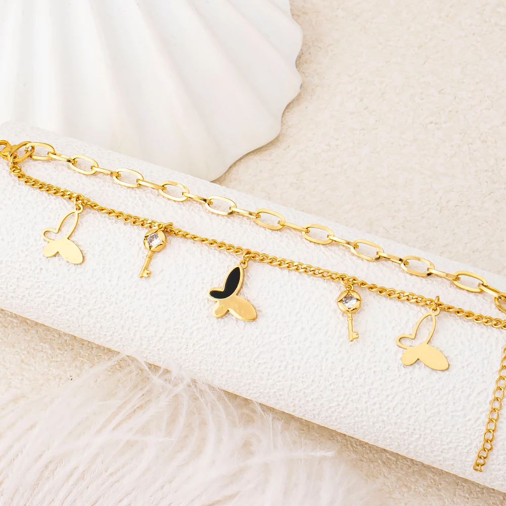 Charm-Armband Dubai Vergoldeter Edelstahl Schwarze Emaille Ineinandergreifende Kette Stern-Motiv Glücksbringer Schmuck-Accessoires 5-teiliges Set – Detail 16