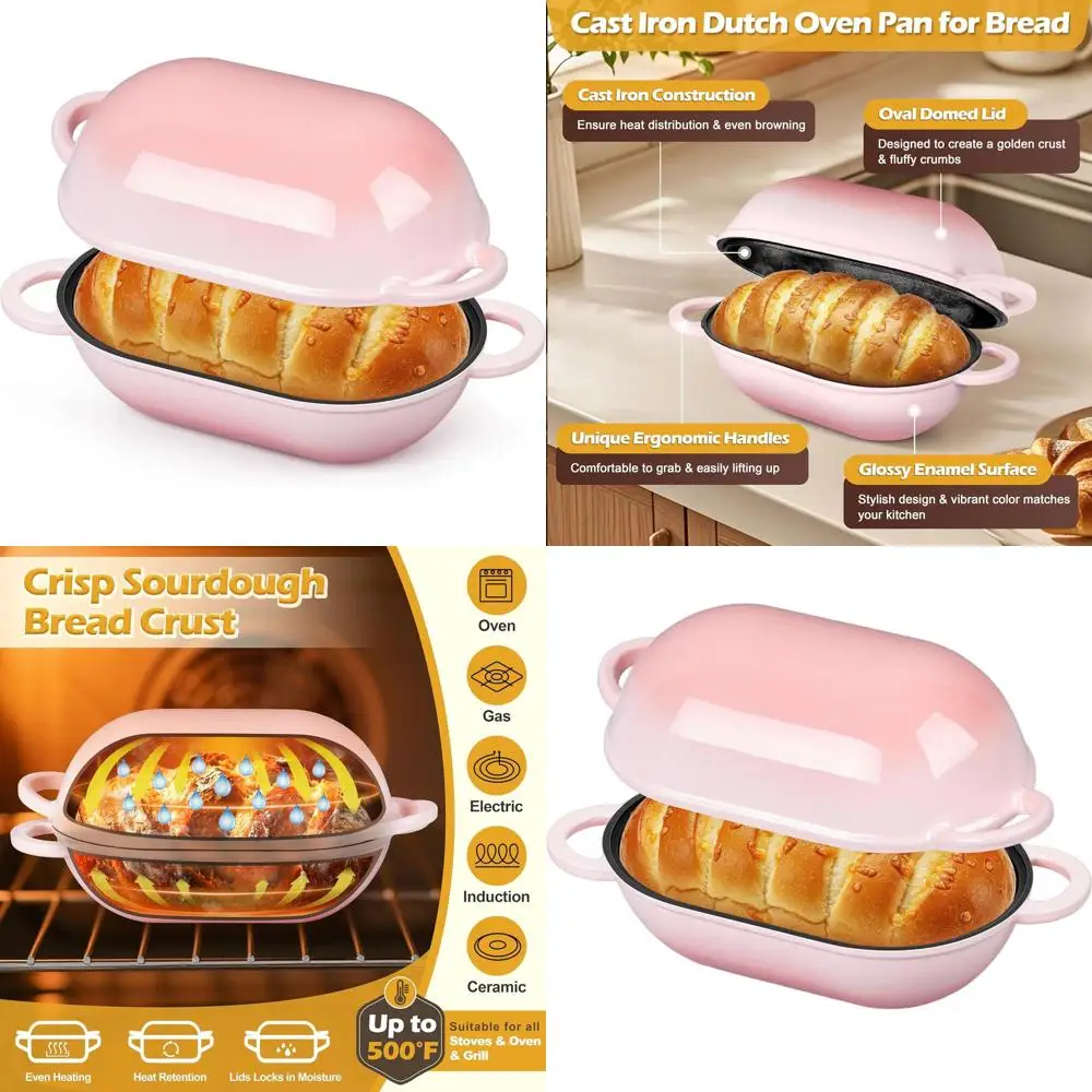 

Pink 2.8 QT Oval Cast Iron Dutch Oven for Bread, Heavy Duty Loaf Pan with Lid, Perfect for Sourdough and Roasting