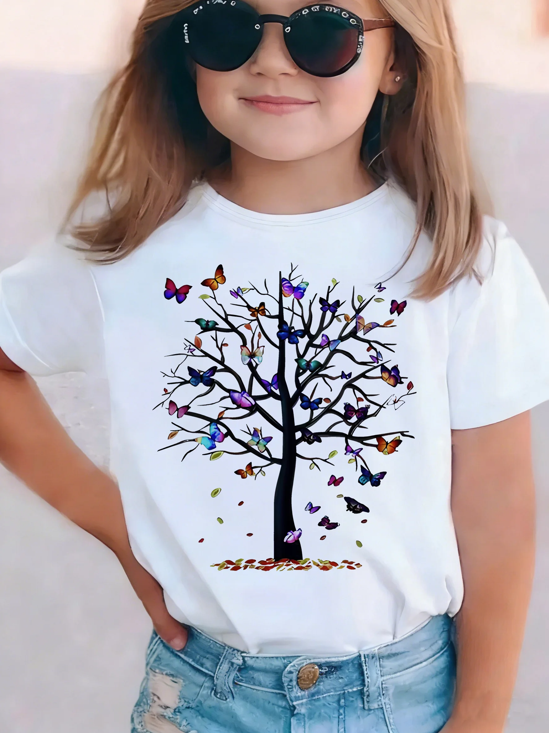 Vintage-T-Shirt mit Schmetterling und Baum, lustiges Design, für Kinder, kurzärmelig, für Jungen und Mädchen, Sommer, Frühling, lässiges Top-T-Shirt