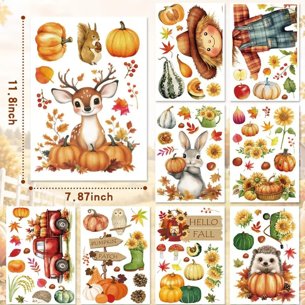Double-Sided Fall Window Clings Waterproof Reusable Static Cling Decorations Pumpkin Scarecrow Design Maple Leaves Pattern