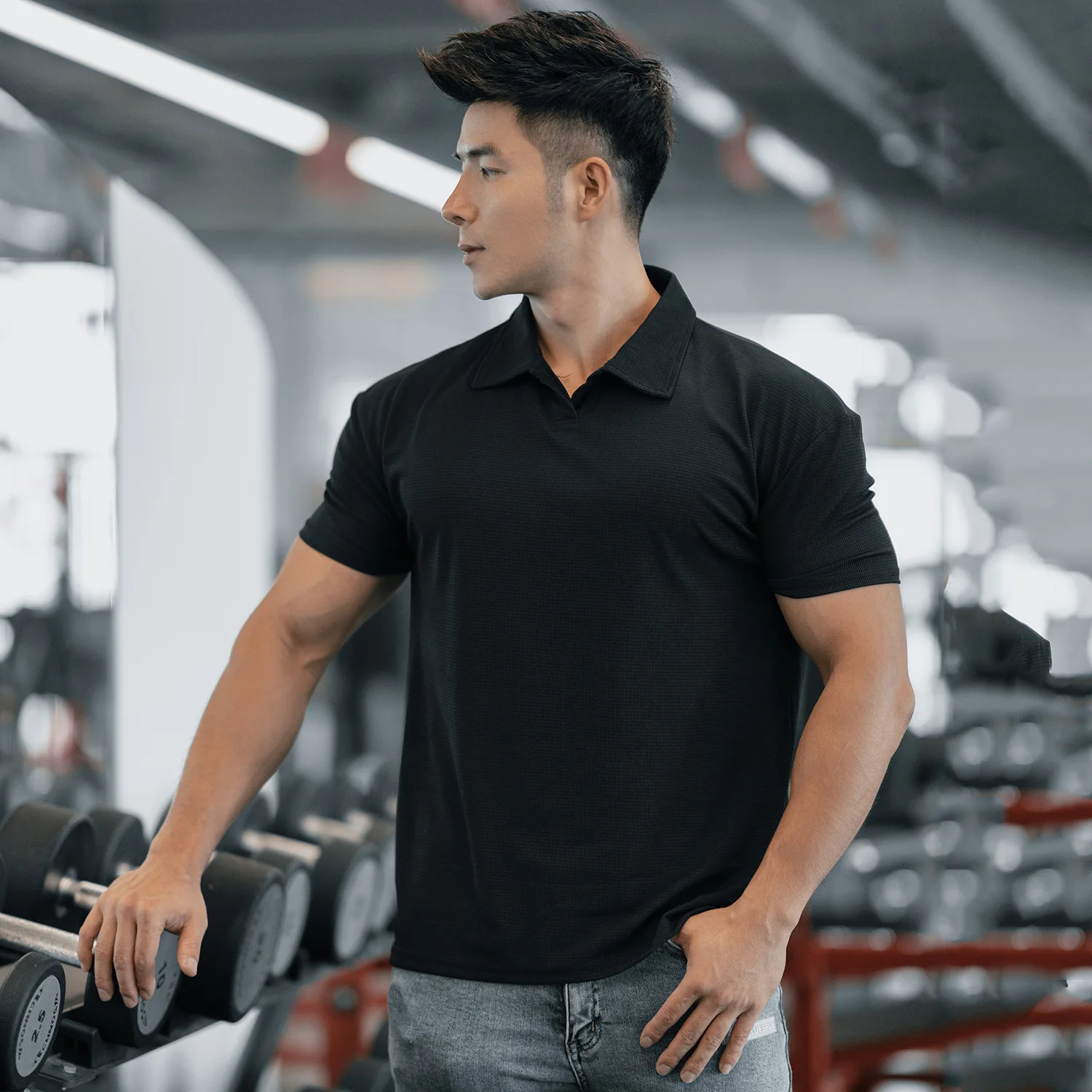 

High Elastici irt Casual Training Cotton Blend Fabric Breathable ort Sve Flip Collar Large Size Korean Sle