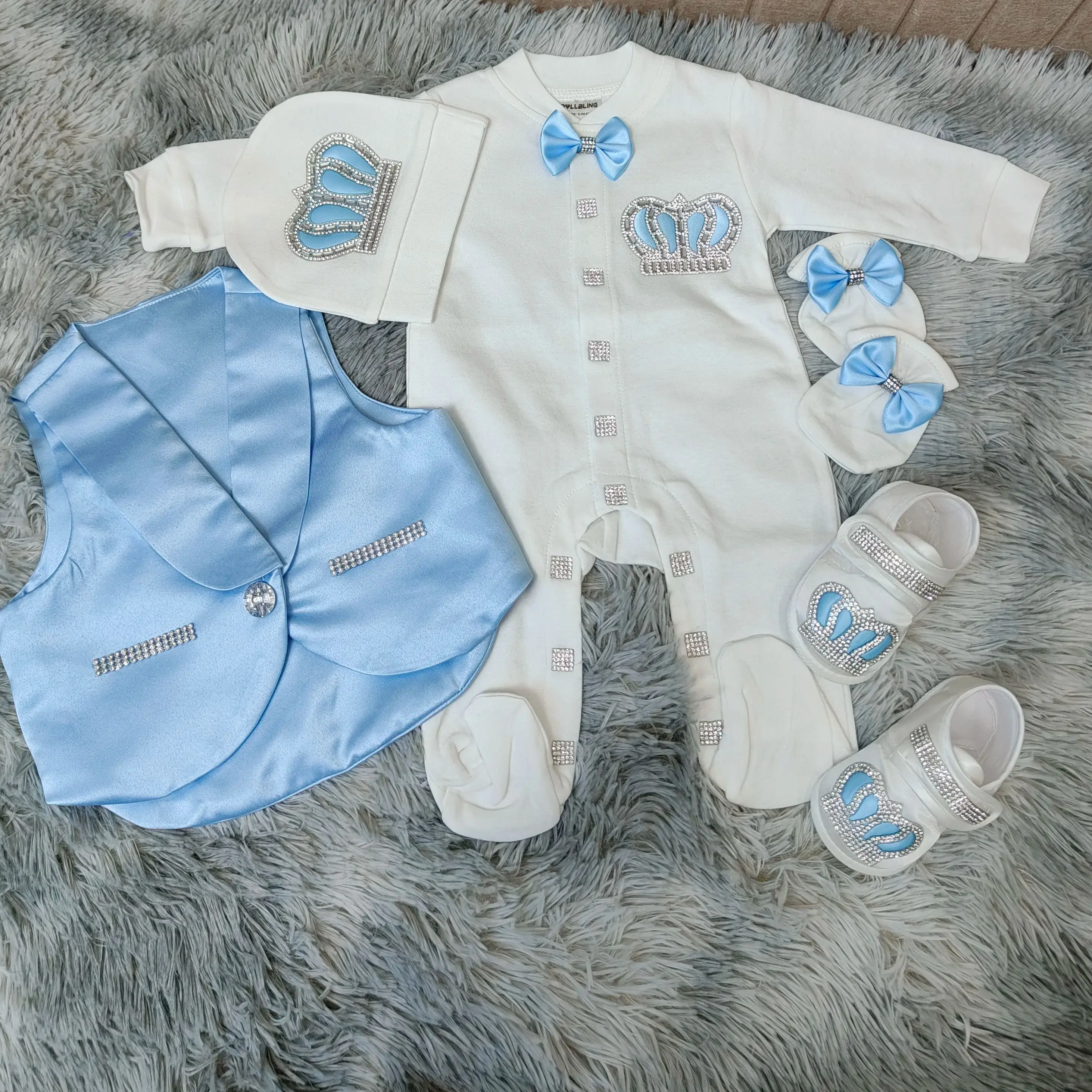 Royal Baby Boy Prince Style 5Pcs Blue White Rhinestone Footed Romper Christening Baptism Formal Suit Hat Shoes