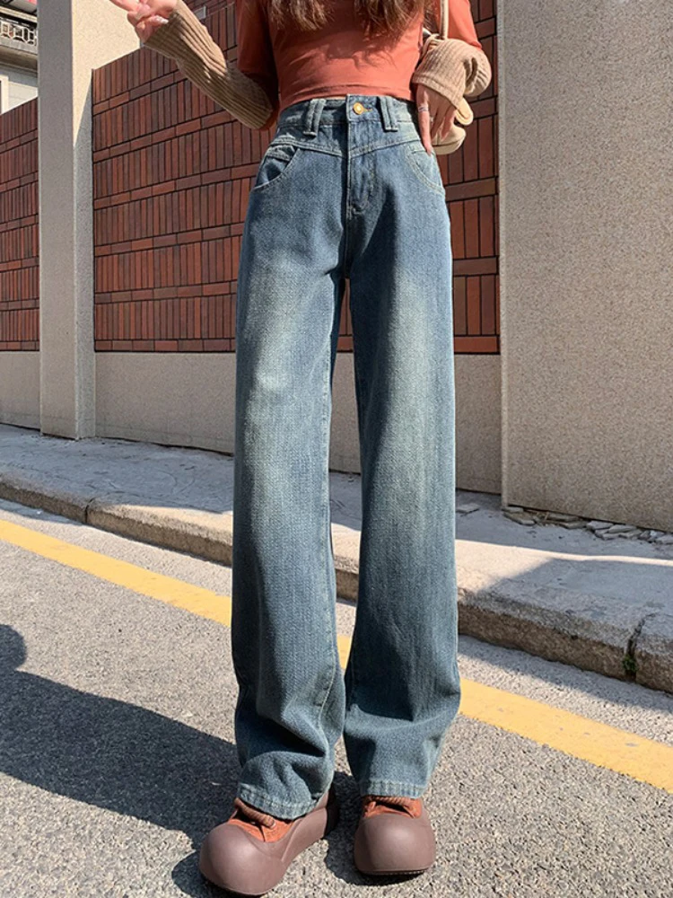 

Толстые и плюшевые широкие джинсы, женские осенне-зимние винтажные свободные брюки с высокой талией, висячие прямые брюки в пол