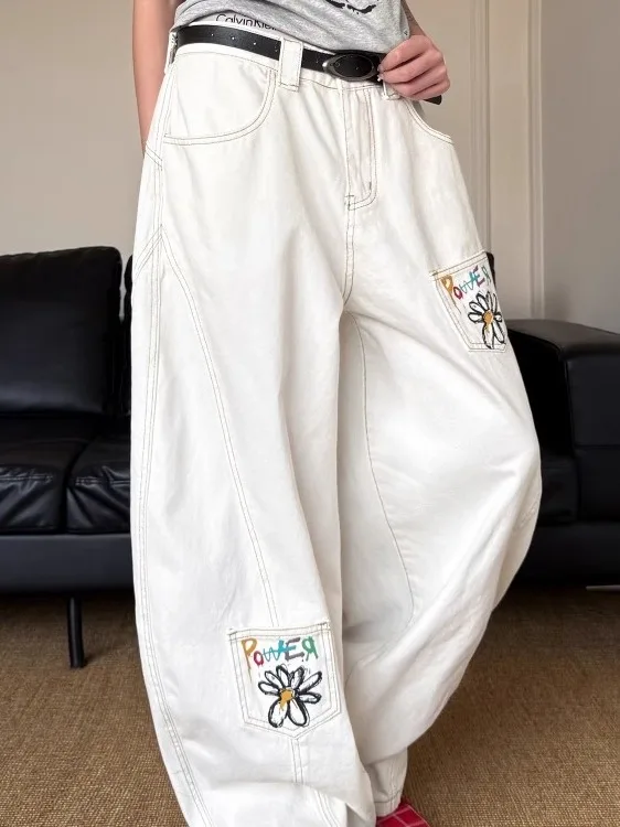 Dames Witte Baggy Jeans Harajuku Vintage Boyfriend Denim Broek Japanse jaren 2000 Stijl Y2k Grunge Jeans Broek Oversize Kleding