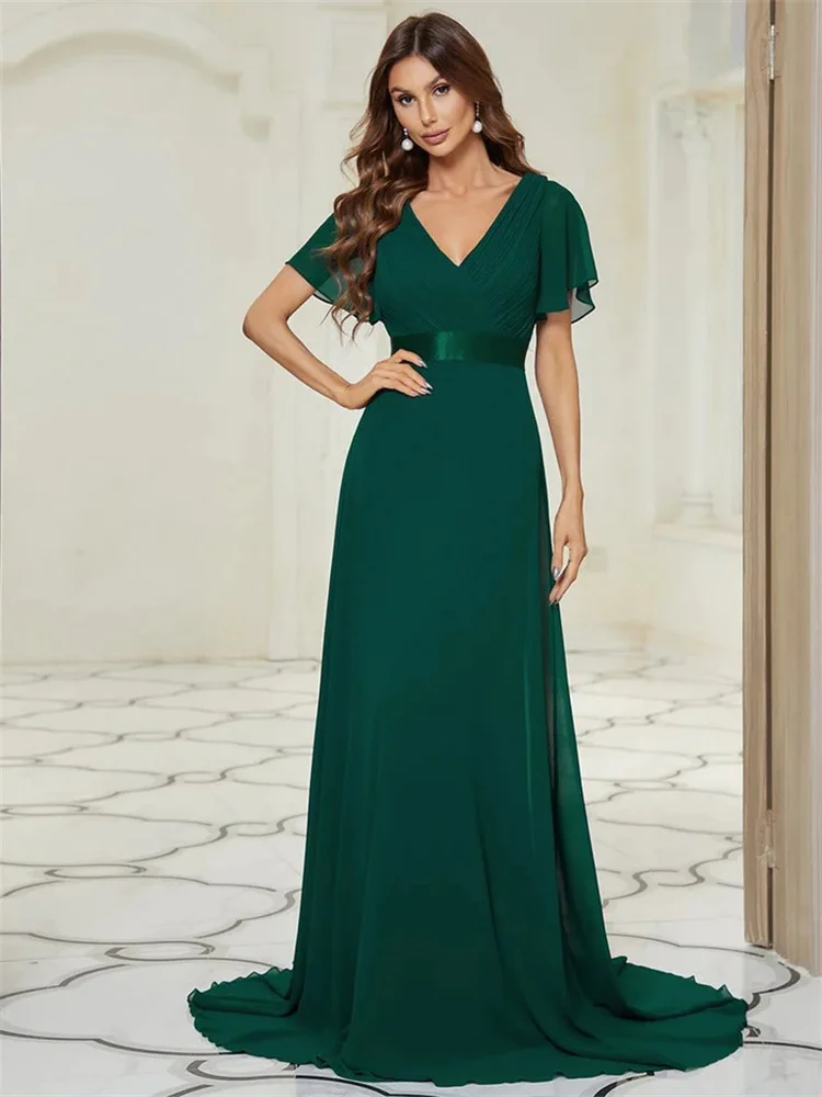 Elegante vestido de dama de honra Chiffon, decote V, cintura império, mangas curtas Flutter, Zipper Vestidos traseiros, convidados do casamento, venda quente