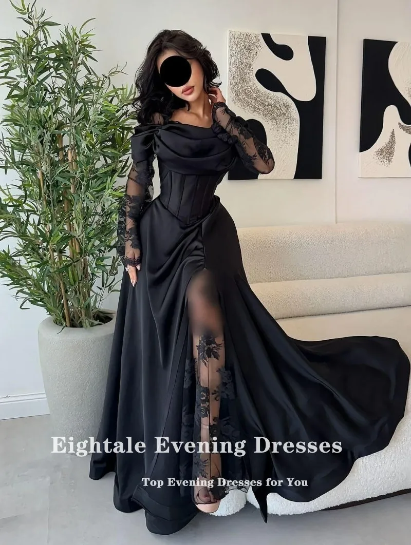 فساتين زفاف عربية Eightale مخصصة قبالة الكتف الدانتيل الأسود طويلة الأكمام الساتان فساتين الزفاف Vestidos De Novia