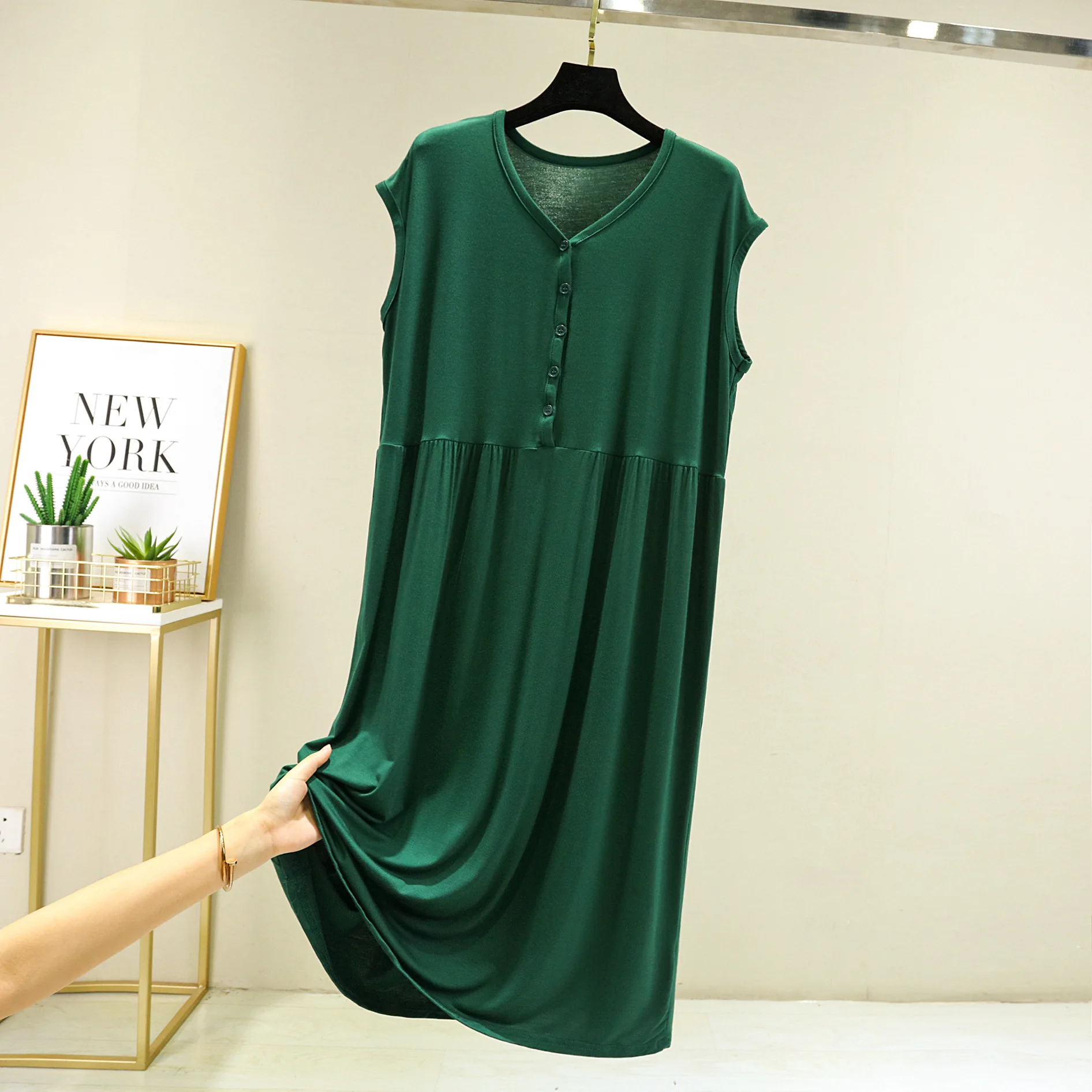 Summer Modal V-Neck Sleeveless Dress Loose Bottoming dresses Casual homewear Buttons sleepdress