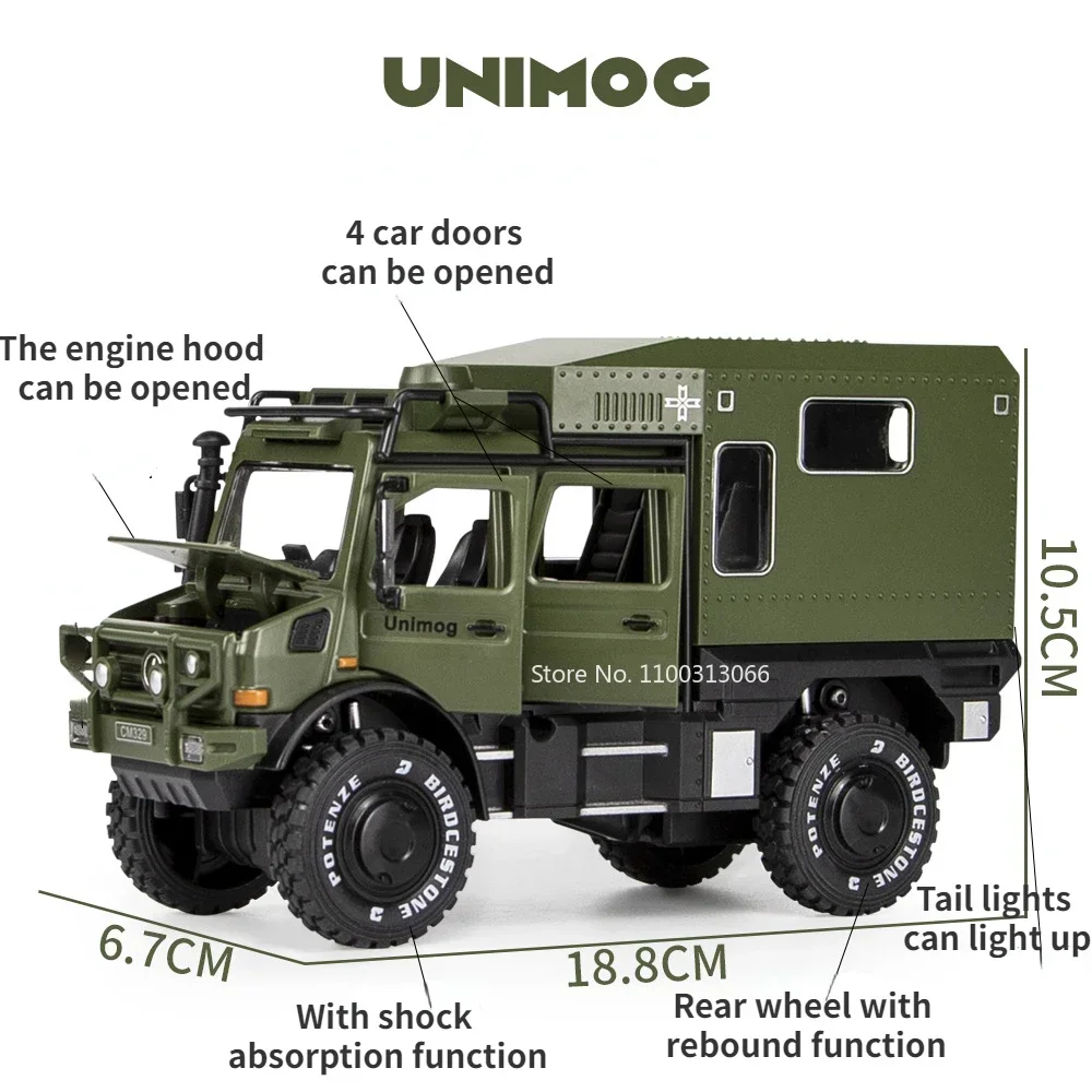 1:28 Unimog Cars Alloy Diecasts Models Miniature Toy with Light Sound Off-Road Wheel Pull Back RV Vehicle for Boy Birthday Gifts