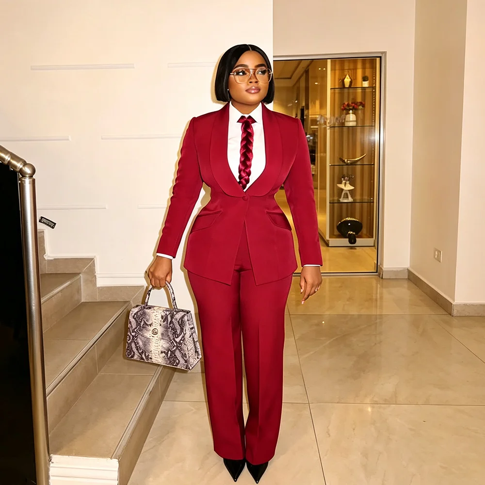 Fashion Shawl Lapel Women Red 2 Piece Suit Set Elegant Blazer Pants Smart Casual Office Business Formal Ladies Matching Outfit