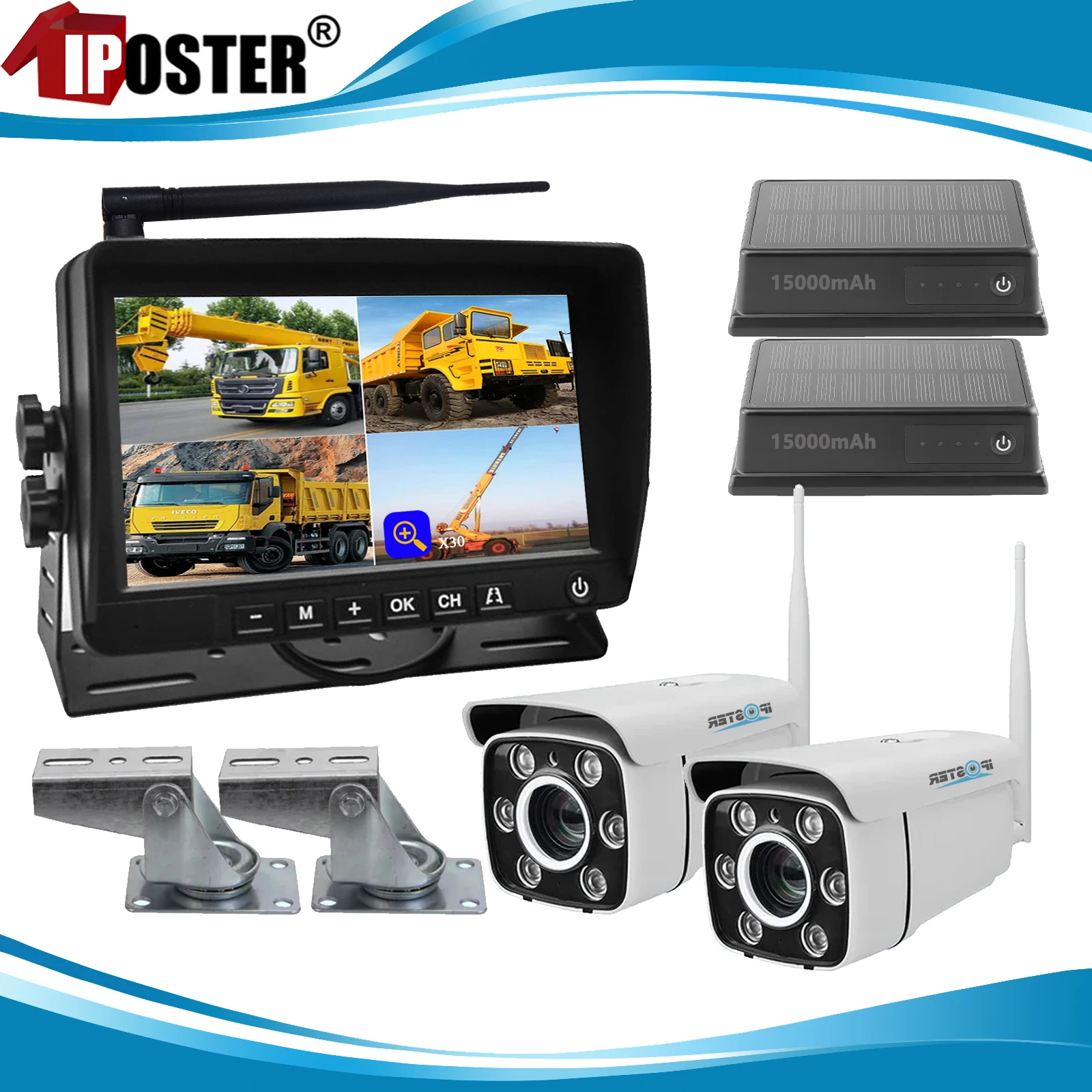 

iPoster Waterproof Night Vision Tower Crane Monitoring Camera System 30X Zoom 7 Inch IPS Screen DVR Monitor Split Screen