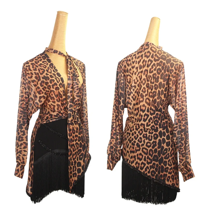 Costume da performance di danza latina da donna con stampa leopardata top a maniche lunghe + gonna corta con nappe sexy set vestito da pratica tango samba