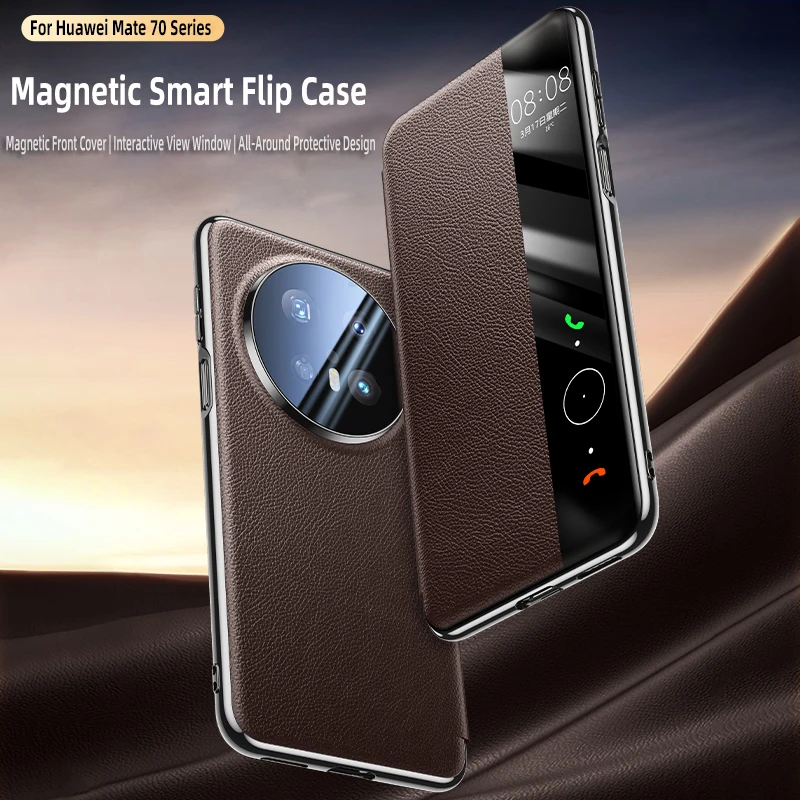 Luxury Litchi-Pattern Genuine Leather Magnetic Flip Case with Auto Wake/Sleep for Huawei Mate 80/70, Full Lens Protection