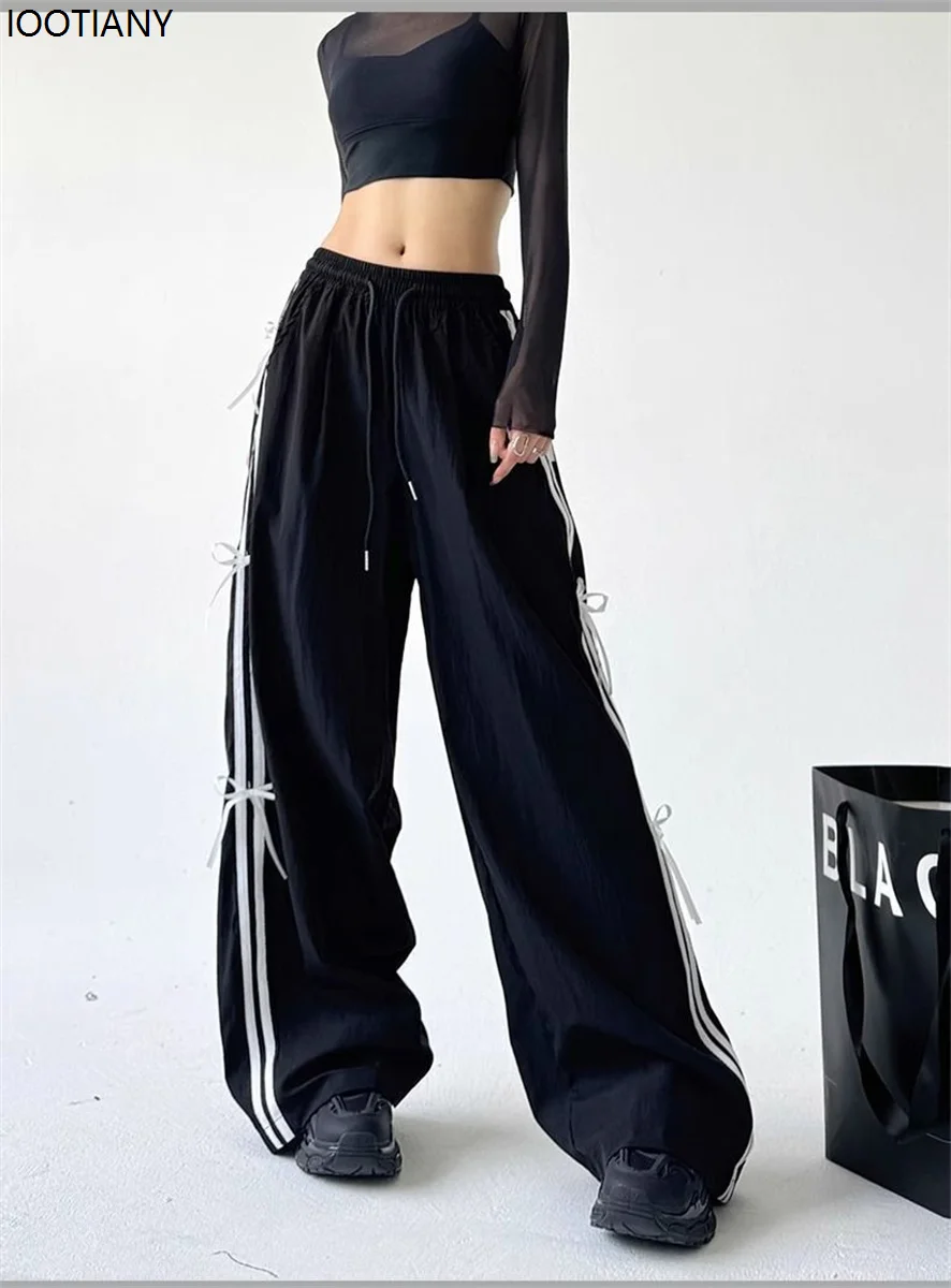 Retro Side Stripe Bowknot Wide Leg Pant Women's High Waist Thin Casual Sports Pants Harajuku Overalls Street Hip Hop Jogging Pan