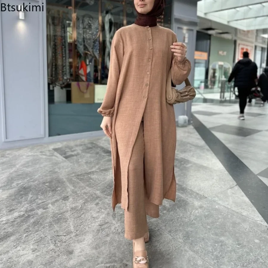 

Muslim Dresses for Women Blouse 2 Piece Sets Long Sleeve Abaya Shirt Wide Leg Pants Suits Arabic Dubai Kaftan Robe Musulman Sets