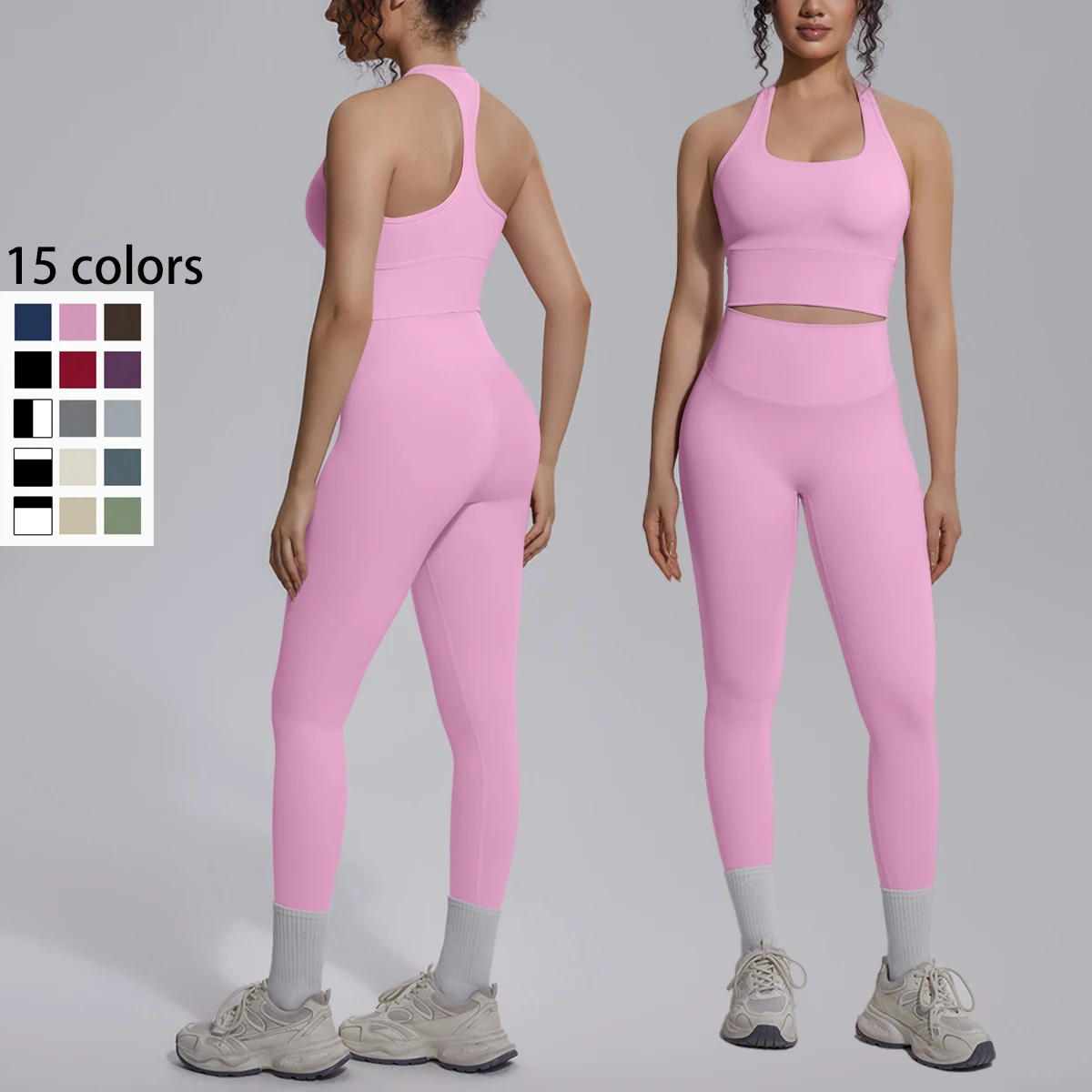 

Rooftrellen High Waisted Peach Buttocks Yoga Pants Set Summer Sexy Beautiful Back Yoga Vest with Chest Pad Yoga Clothing Set