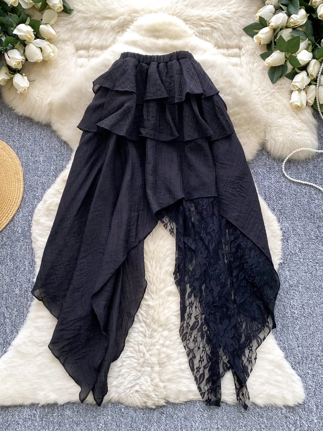 Hohe Taille Spitzenbesatz f Rock Feenrock Damen Herbst Faion Design Einzigartige asymmetrische Spitze Spleißen Ci Pendeln