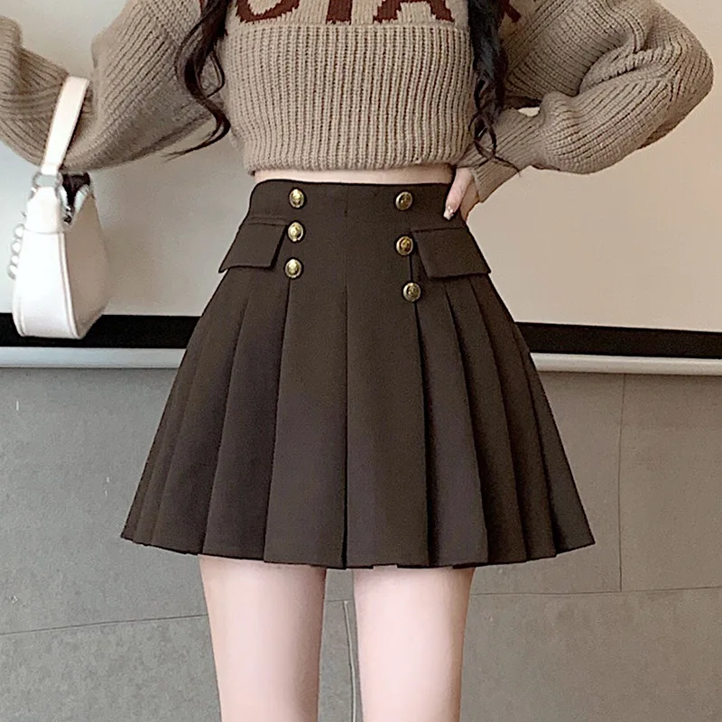 

Women Autumn Winter New College Style High Waist A-Line Double Breasted Woolen Pleated Short Skirt