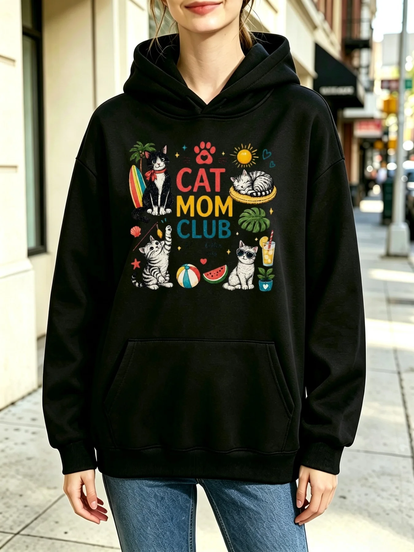 Women'S Hooded Sweatshirt Cute Cats Beach Elements CAT MOM CLUB Design Casual Basic Style Relaxed Fit, Fall Winter Daily Outdoor Lounge Work Wear, Soft Fleece Lined, Long Sleeve with Kangaroo Pocket, Multi-Colors
