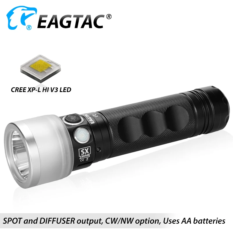 EAGTAC SX30A6D Spot Diffuser LED Flashlight 2445 Lumens 6 AA Battery 200 Hours Runtime Dual Switch Patented Design