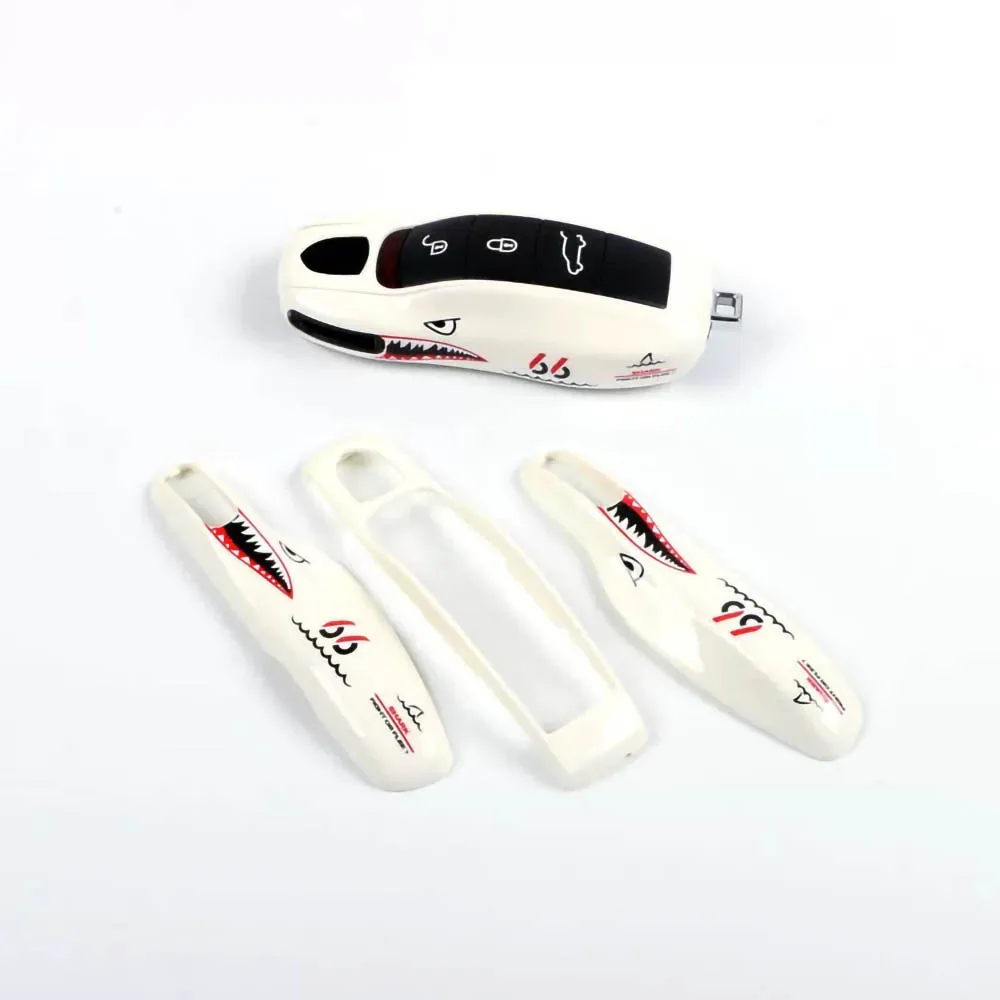 Picture 6: Car Key Case White Shark for Porsche Panamera Maycan Taycan 911 718 Boxster Cayman Remote Control Fob Protective Shell 3pcs/set