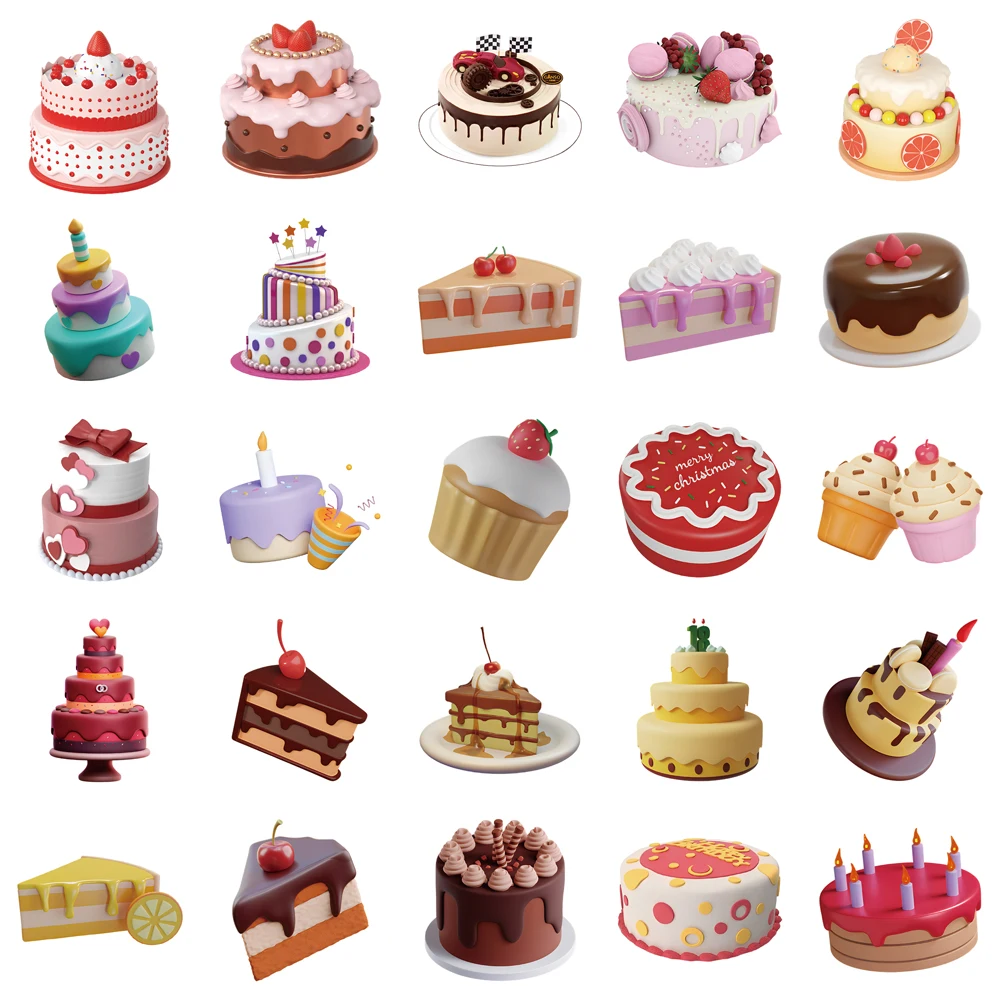 50PCS 3D INS Birthday Cake Kawaii Stickers Vintage For DIY Kids Notebook Luggage Motorcycle Laptop Refrigerator Decals Toys