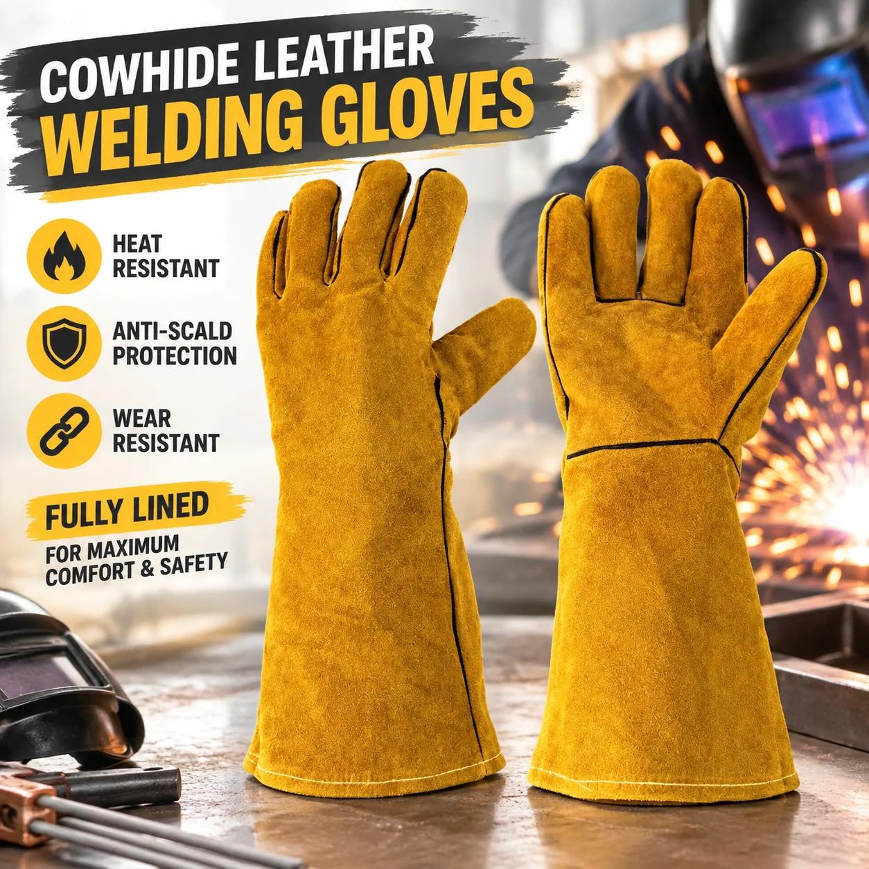 Cowhide Leather Welding Gloves Heat Resistant Anti-Scald Wear-Resistant Fully Lined for Welding Soldering Labor Protection