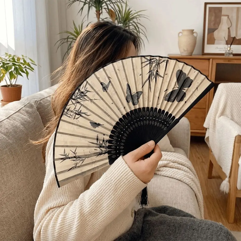 Vintage Silk Folding Fan Wooden Handle Butterfly Print Hand Fold Fan with Tassel Handmade Classical Dance Fan Photography Props