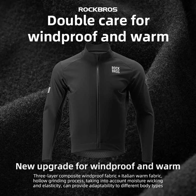 ROCKBROS Windproof Jacket Thermal Fleece Bike Jersey Autumn Winter Outdoor Sport Jacket Coat 0-15°with Italian warm fabric