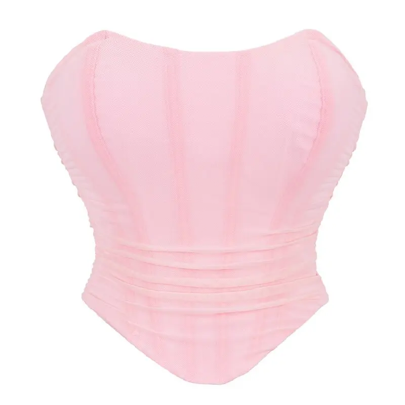 Women Summer Corsets Crop Tube Top Sexy Fold Breathable Mesh Sleeveless Off The Shoulder Tank Top Streetwear Club Party