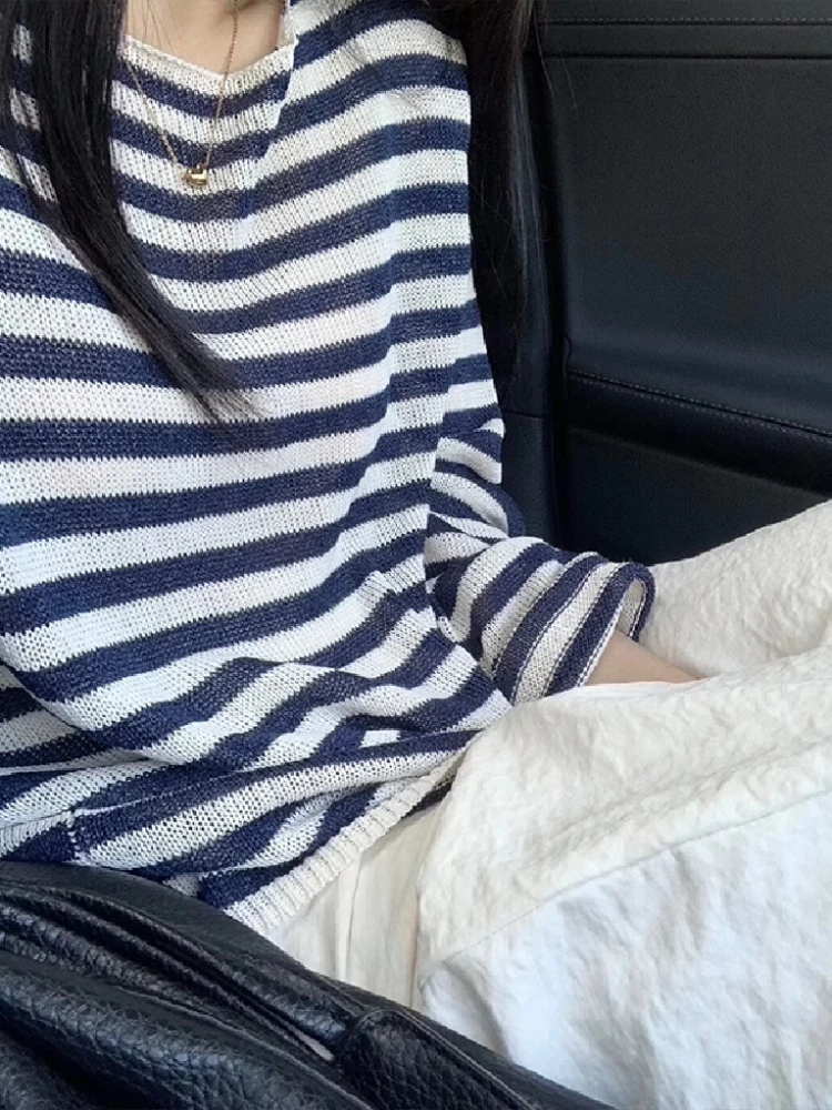 Chic Korean Striped Ice Silk Knitted Long Sleeve T-Shirt Women's Summer Outerwear Thin Veil Top Air Conditioner Shirt