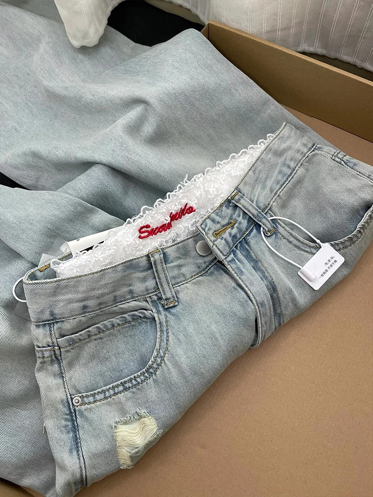 

Summer High Waist Straight Leg Blue Jeans Women's Ripped Denim Pants Knot Design Slimming Wide Leg Long Trousers