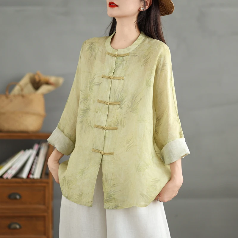 レトロな民族風プリント麻素材の女性用春秋ハイエンド気質ボタンアップコート、芸術的な襟、改良されたタ...