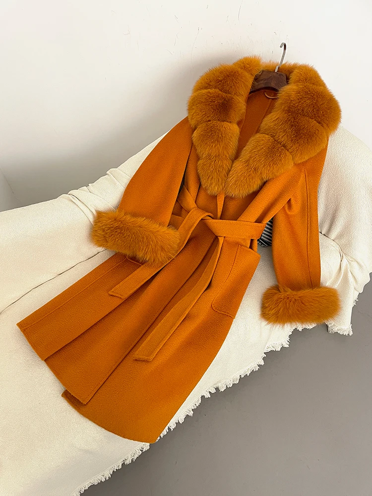 OFTBUY 2024 Winter Women Real Fox Fur Wool Blends Coat Elegant Jacket Water Ripples X-long Loose Turn-down Collar Outerwear