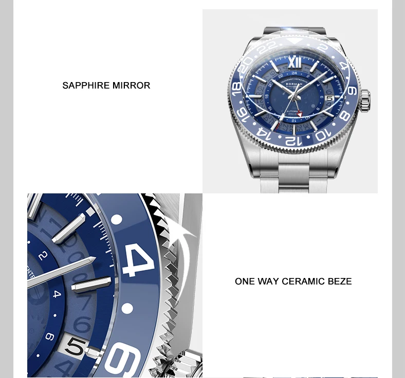 BORMAN Men Automatic Watch 40mm GMT Mechanical Wristwatch C3 Luminous 50M Waterproof Sapphire NH34 Ceramic Bezel