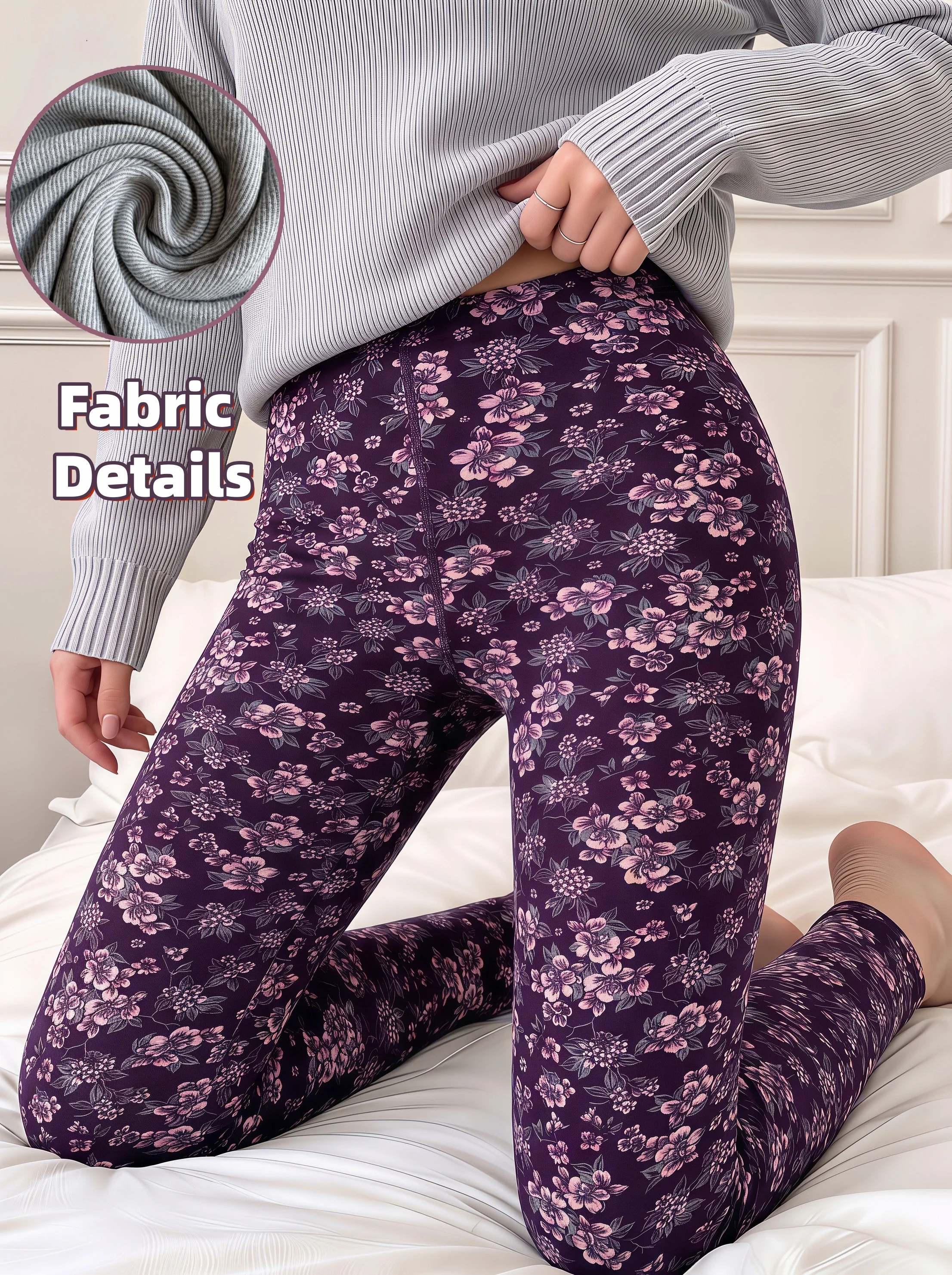 Damen-Leggings mit hoher Taille, Vintage-Blumenmuster, aus leichtem Fleece, hohe Elastizität, weich, warm, schmal geschnitten, für Herbst und Winter, Thermohose. – Detail 2