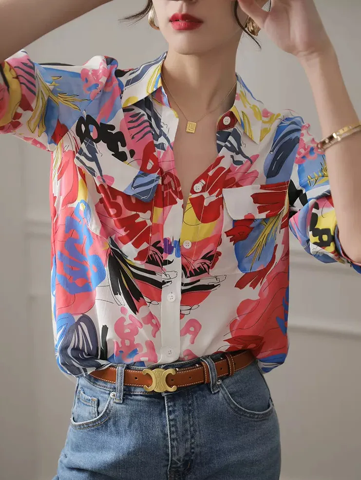 FANIECES Autumn Chiffon Red Printing Shirt for Women Blouses рубашка женская Long Sleeve Korean Button Casual Tops Streetwear