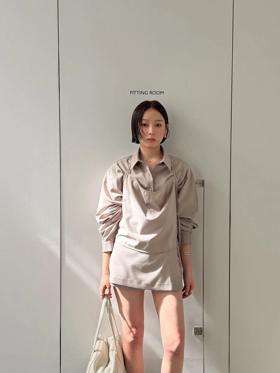 

Fashionable Two-Piece Set Waiore2026 Spring New Style Shirt Strap Dress Casual Commute Ensemble High Waist Polyester Long Sleeve