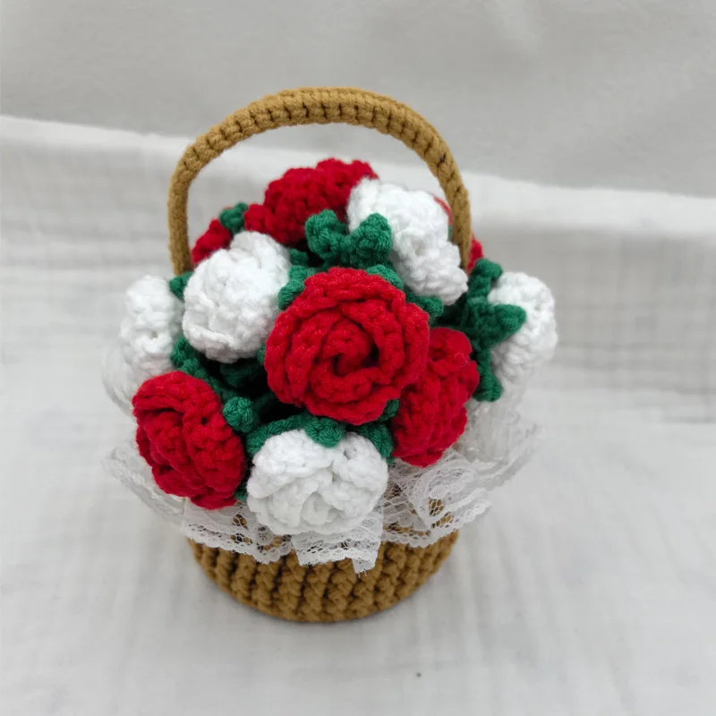 Handmade Knitted Flower Basket Home Decor Bonsai Rose Sunflower Plant Crochet Pendant Birthday Gift